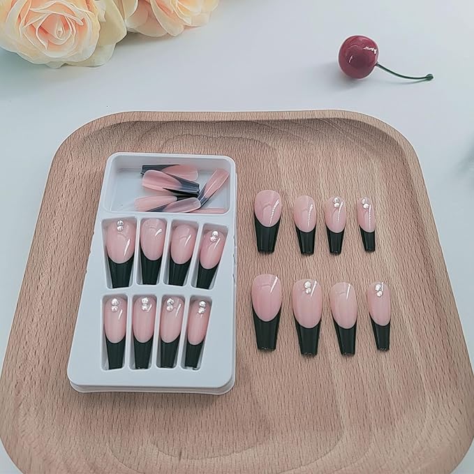 Black French Tip Press on Nails Long Coffin Fake Nails with Rhinestones Design Acrylic Nails Press ons Full Cover False Nails with Glue for Women Daily Wear Simple 24Pcs