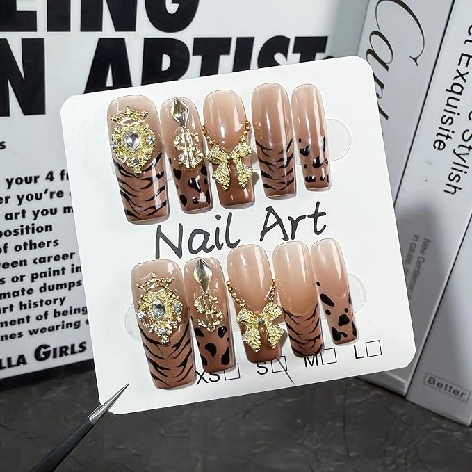Handmade Press on Nails Long,Xl Square Fake Nails French Tip Leopard False Nails with Glue Charms Bow Design Acrylic Nails Press Ons Sparkly Full Cover Stick on Nail fo Women 10Pcs(Size M)