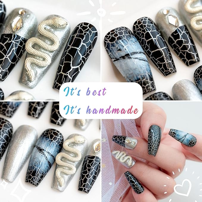 Sun&Beam Nails Handmade Press-on Medium Coffin Ballerina Black Silver Snake Y2K Trendy Design Fashion False Nail Tips 10 Pcs Set (#007 L)