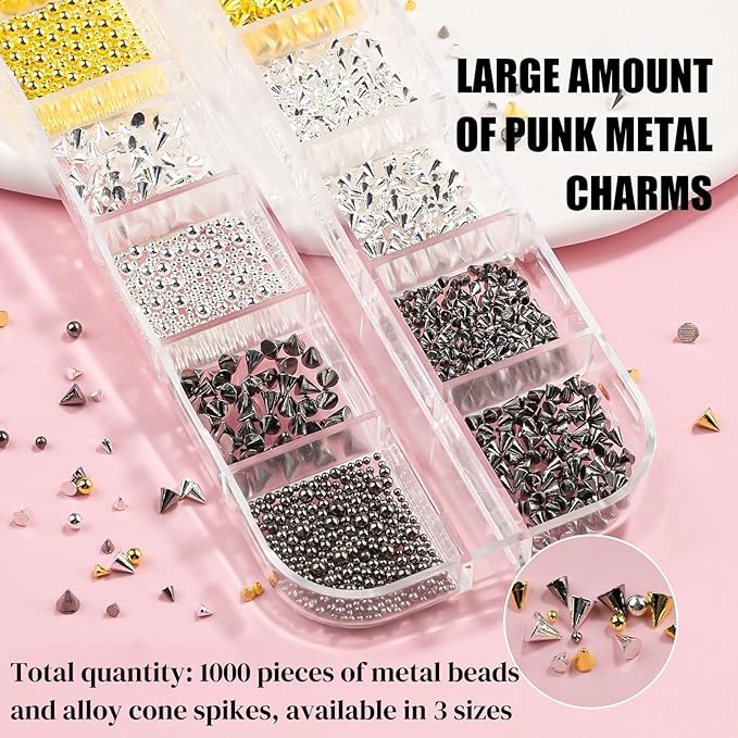 3D Mini Small Metal Stainless Steel Caviar Nail Beads Balls, 0.8-3mm Gold Silver Alloy Nail Art Chain Charms Studs with Tweezers and Dual-end Brush (17-K1-punk-metal)