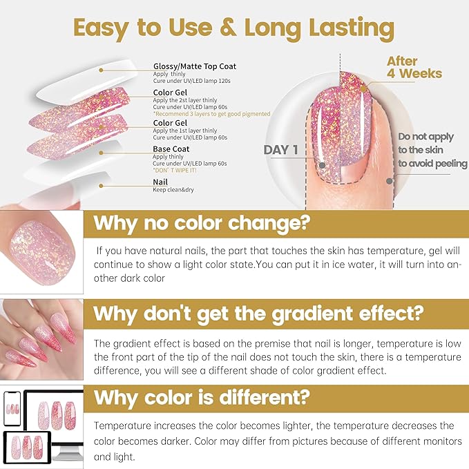 YTD Likomey Color Changing Gel Nail Polish,Brocade Glitter 15ml Light Pink To Peach Red Shimmer Glitter Mood Temperature Change Colors Iridescent Flakes Fall Winter Ombre Thermal UV Nail Gel,WB341