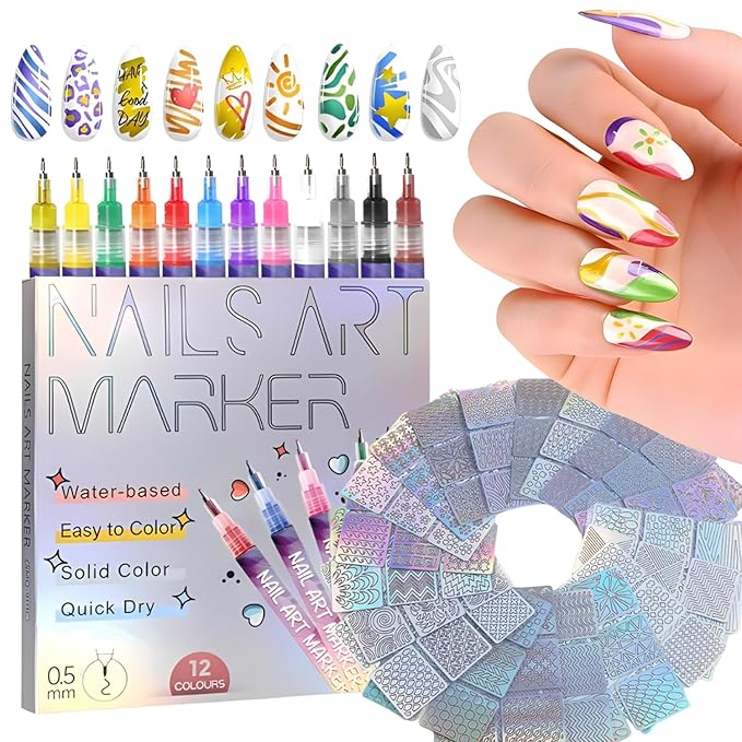 12 Color Nail Art Pens 0.5 MM Nail Polish Pens Set Nail Point Graffiti Dotting Pen + 24 Pcs Template Stickers Drawing Painting Lines DIY Manicure Art Waterproof and Quick-drying Nailart Markers Kit