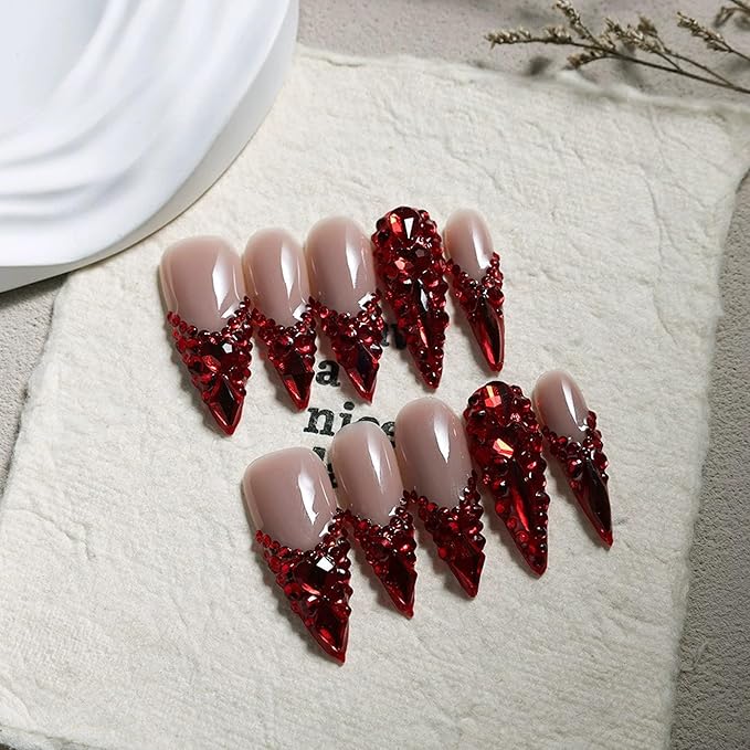 Red Rhinestone French Tip Fake Nails Long Handmade Press on Nails Almond False Nails with 3D Designs Luxury Glue On Nail Full Cover Stick on Nail for Women Manicure 10Pcs (Size M)