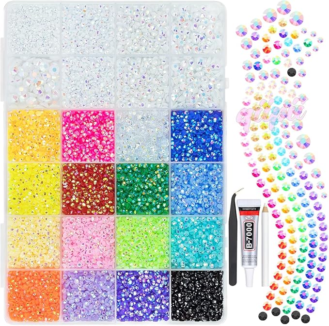 2mm-6mm White AB Resin Rhinestones w B7000 Glue for Crafting Bedazzling Flatback Colorful Jelly Stones Diamonds Gems Bedazzler Kit for Nails Face Eyes Makeup Tumblers Bottles Shoes DIY Crafts