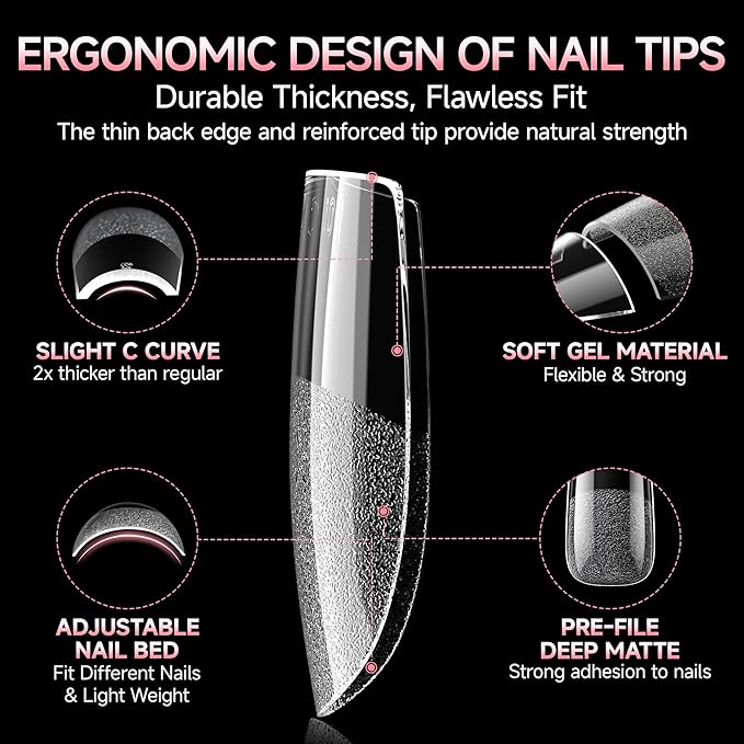 UNA GELLA Square Nail Tips X-Soft Thicker Flexible Gel Nails 330PCS Pre-etched Square Nail Tips Press on Full Cover Acrylic Fake Nails Strength Clear Nails for Nail Extensions DIY Salon 15 Sizes