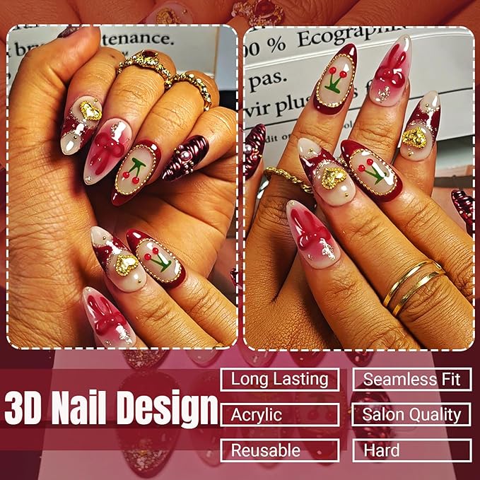 Handmade Acrylic Press On Nails Almond, Red Press On Nails Medium, Ombre Blush 3D Nails Red Chrome Cherry Bow Heart For Women Gift, Reusable Stick On Fake Nails Kit With Nail Glue(Crimson Cutie-S)