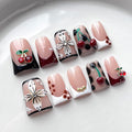 French Tip Press on Nails Handmade Short Duck 3D Floral Thick Acrylic Nails False Nails with Flower Rhinestones Pearls Cherry Tortie Designs Glossy Fake Nail Sturdy Art Press on Nail 10Pcs(S)