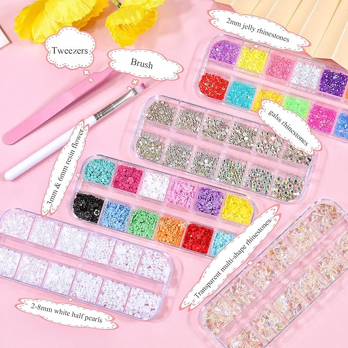 5 Boxes Gold & Silver Metal Nail 3D Punk Studs Star Moon Heart Triangle Square Rivet Gems Nail Art Jewels with a Curved Tweezers and a Nail Brush and a Wax Pen Picker (7-Rhinestones kit-4)