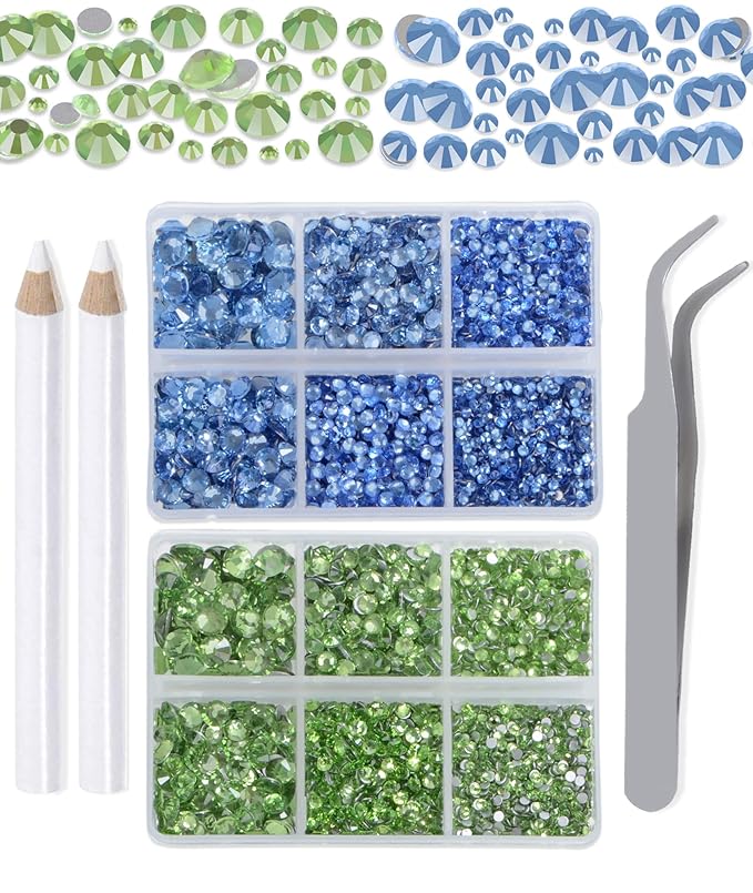 LPBeads 6000 Pieces Lt Sapphire and Peridot Non Hotfix Rhinestones 6 Sizes Round Crystal Glass Flat Back Rhinestones with Tweezers and Picking Pen for Nail Art Crafts Clothes Bags DIY