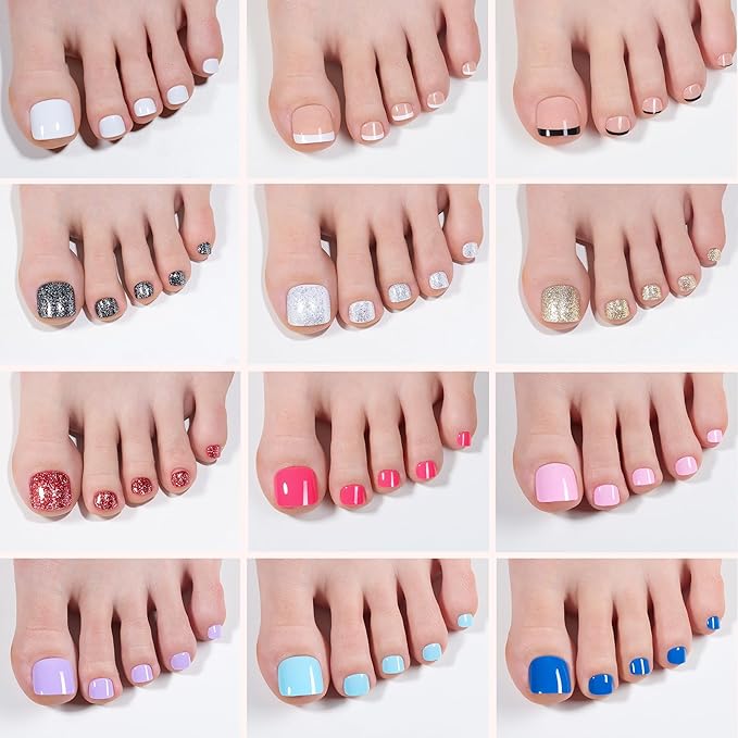 Beetles Toe Nail Press ons Kit 288Pcs 12 Colors, Press on Toenails Short Squaval Glossy Glitter With Nail Glue & Nail Tabs Stickers, Natural Fit Lightweight Fake ToeNails Nail Art For Women Girls
