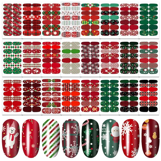 DANNEASY 336 Pieces 24 Sheets Christmas Nail Wraps Self Adhesive Nail Art Stickers Nail Polish Strips Gel Nail Sticker for Women with File, Cuticle Stick (Classic Series)