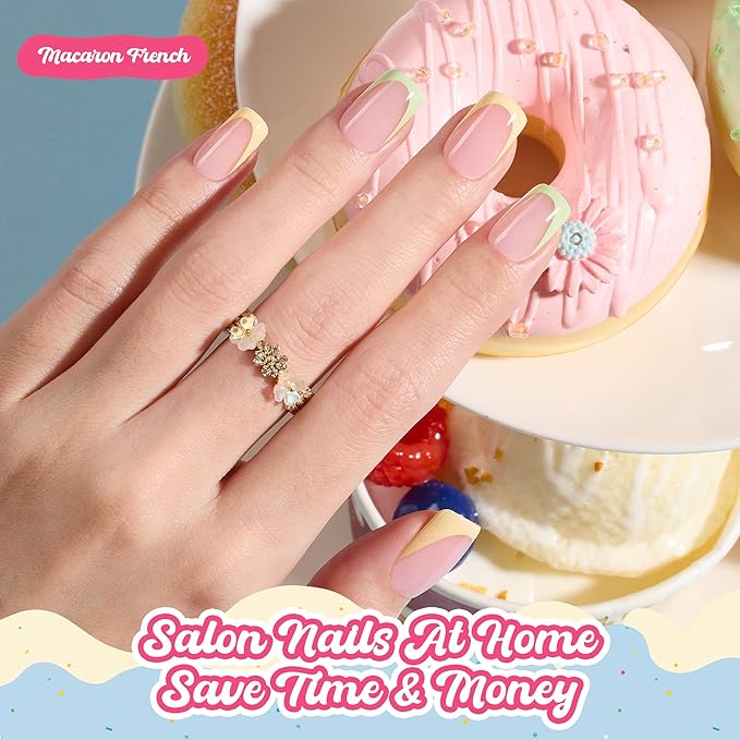 Beetles French Tips Press On Nails, Pastel Spring Nails Short Square 6 Colors 192 Pcs, Spring Fake Nail Tips,Pink Blue Green Soft Gel Nails False Nails Art DIY For Women