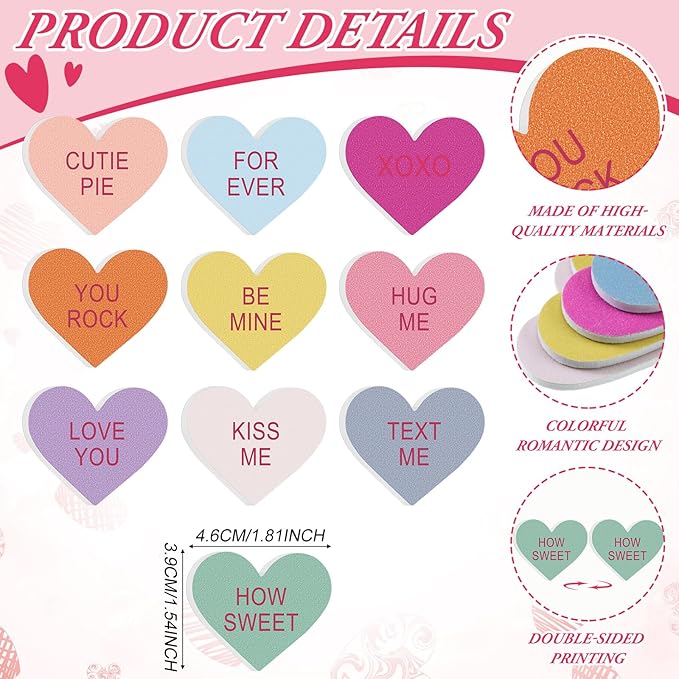 50 Pack Valentines Mini Nail Files Gifts Bulk for Women Candy Conversation Heart Emery Board Double Sided Nails Boards Buffer for Galentines Valentine's Day Gift Employee Staff Coworker