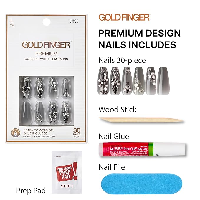 GoldFinger Premium Luxury False Nails Kit, Ready to Wear Fake Nails, Manicure Stick and Glue Included, Long Coffin Shape with 3D Rhinestones, Long-Lasting Hottest Trend Glue on Nails