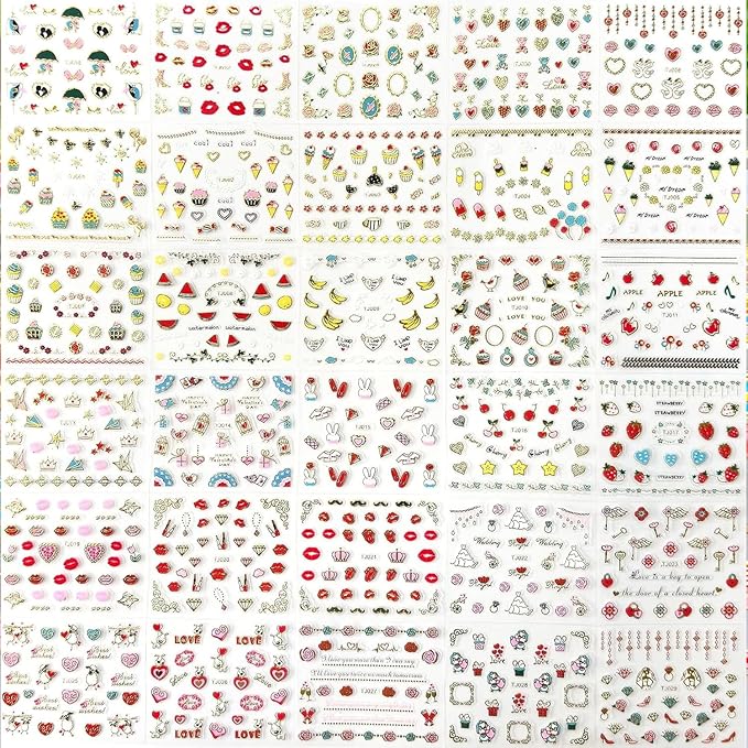 30 Sheets Valentine's Day Nail Art Stickers Decals Self-Adhesive Nail Decals Heart & Rose Designs Nail Supplies Lip Nail Decoration Accessories for Women