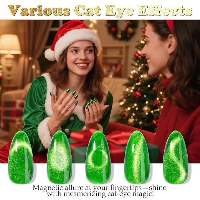 NXJ INFILILA Cat Eye Gel Nail Polish Set, 4 Colors 15ML Magnetic Nail Polish Kit - Christmas Red Green Silver Orange Glitter Gel Polish for LED/UV Lamp, DIY Home Salon Manicure Gifts for Women