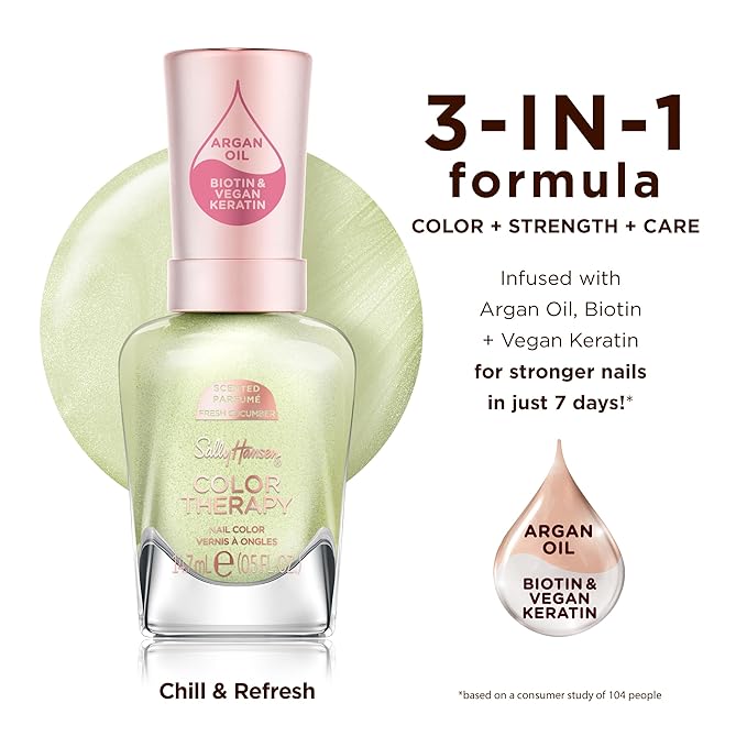 Sally Hansen Color Therapy Scented Nail Polish | Biotin, Argan Oil, Long Lasting, Healthy Nails, Nail Strengthener, Opaque | 448 Chill & Refresh, Fresh Cucumber| Light Green Nail Color