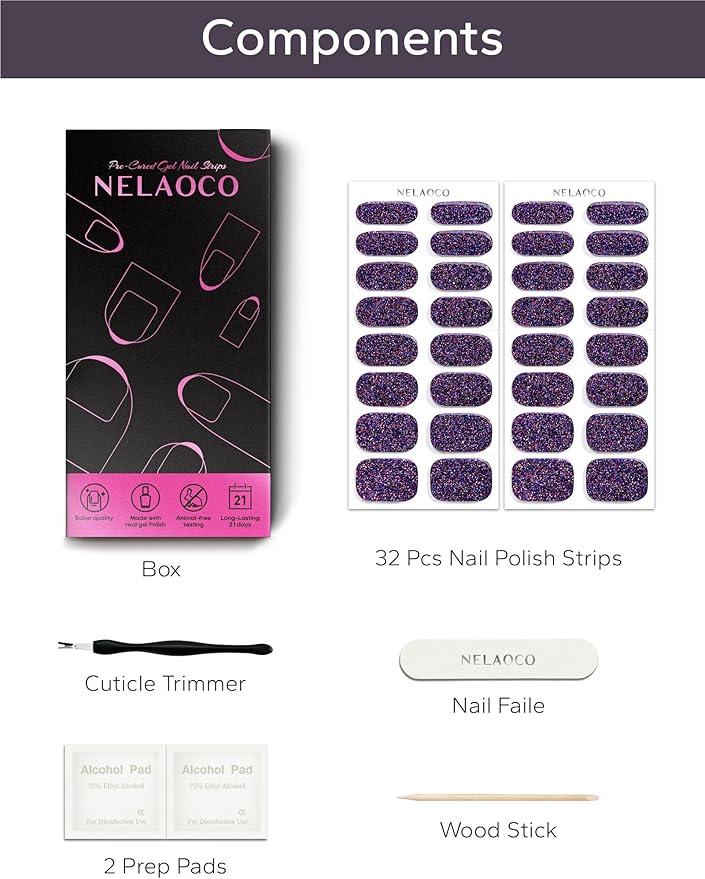 Nail Polish Strips – 32PCS UV Free Salon Quality Wraps, Long Lasting Gel Nail Stickers for Women (Electric Violet)
