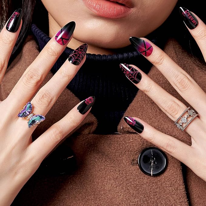 GLAMERMAID Halloween Red Press on Nails Medium Almond, Dark Glossy Jelly Soft Gel Glue on Nails Stiletto, Emo Fake Nails Short Oval, Reusable Acrylic Stick on False Nails Kit for Women