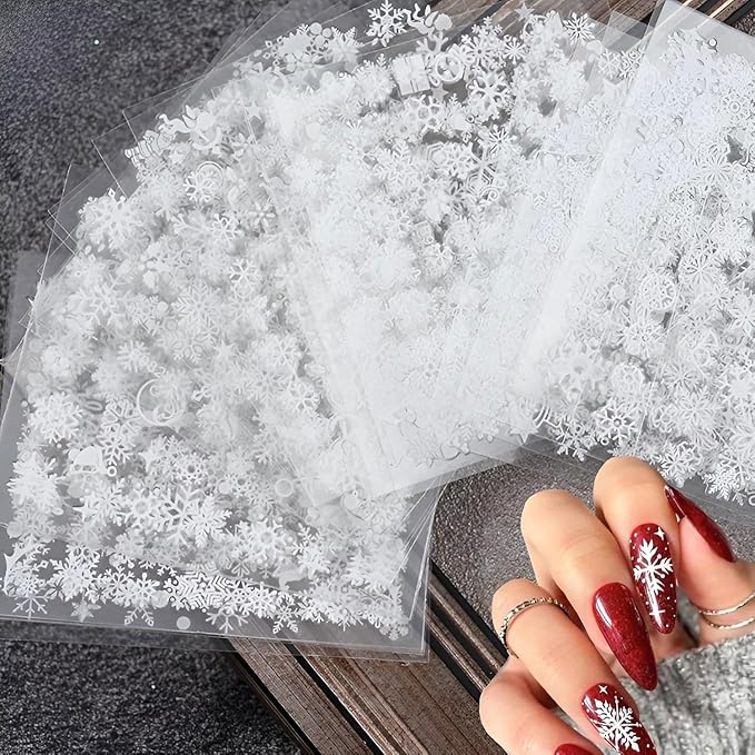 30 Sheet Christmas Nail Art Stickers with 3D Self-Adhesive Snowflake Design for Winter Nail Decals and Elk Themed Art. White Design for Women