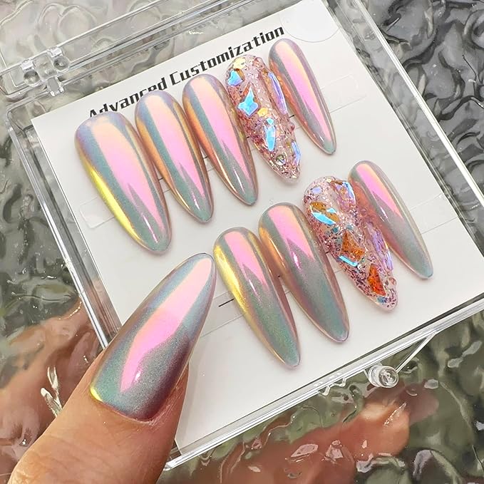 WOMHOPE Press on Nails Handmade Full Cover False Nails with Rhinestone Vintage Flower Aurora Acrylic Nails for Women and Girls 10pcs/Box Long Almond,Coffin (Aurora Pink, Large)