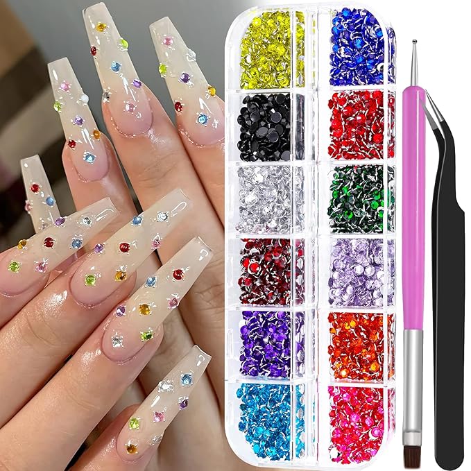 1800Pcs Small Resin Rhinestones for Nail Art, Colorful 3mm Bedazzling Flatback Crystals Nail Gems Nail Rhinestones with Pickup Tools for Manicure Decor Crafts DIY (7-K1-3mm-soild-color)