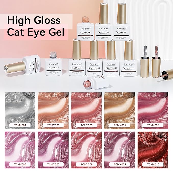 Cateye Gel Polish Set With Magnet, Pink Purple Red 10 Colors Jelly Magnetic Nail Polish Moonlight, Holographic Glass Shimmer Glitter Soak Off UV Gel Salon DIY At Home, 8ml