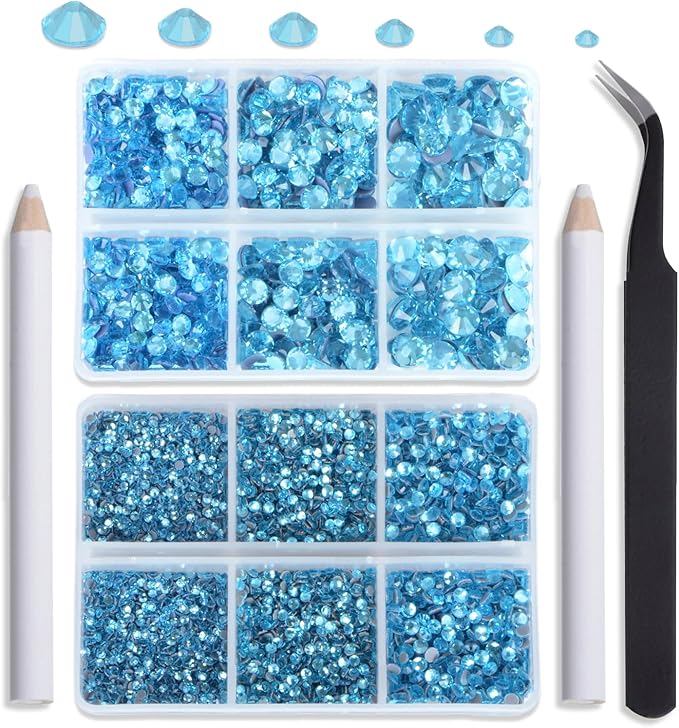 NCB Hotfix Iron on 8000pcs Crystal Rhinestones Round Gem for Crafts Decoration DIY Jewelry Making with a Tweezers and 2 Picking pens (Aquamarine, 6Sizes SS4-SS30)
