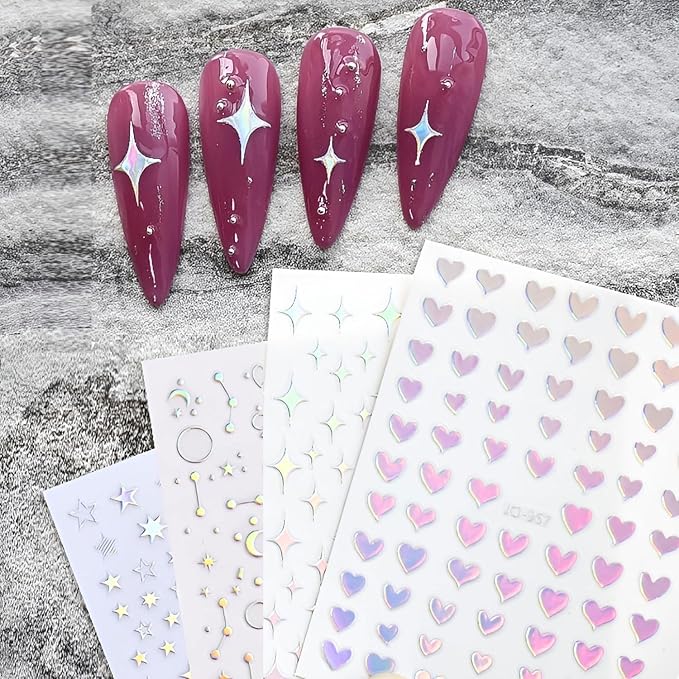 12 Sheets Star Nail Stickers 3D Self Adhesive Aurora Heart Nail Decals Moon Glitter Design Nail Stickers Nail Art Supplies for Women DIY Manicure Acrylic Decoration