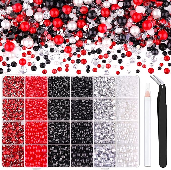 14000PCS Flatback Pearls and Rhinestones for Bedazzling, Red White Black Mixed Size 3-10mm Resin Rhinestones Gems and Half Pearls for Crafting, Nail Art Crafts Decoration