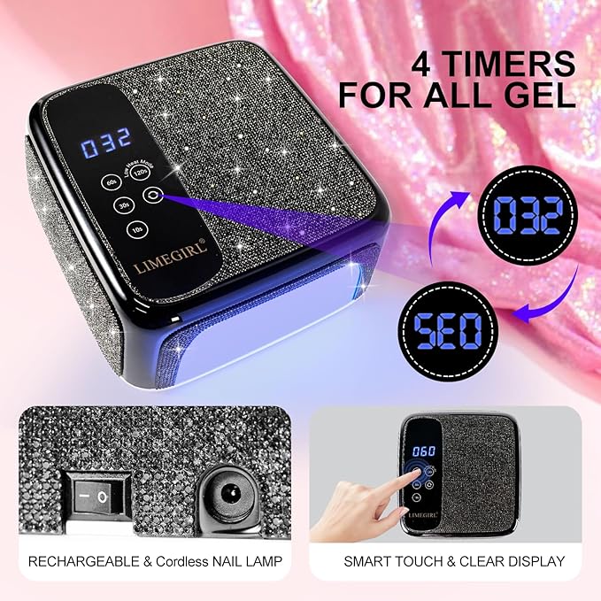 Sparkling Diamond UV Nail Lamp - Cordless, Professional Gel Nail Polish Curing Lamp with 4 Timers & LCD Touch Display, Salon-Grade Diamond UV Nail Dryer