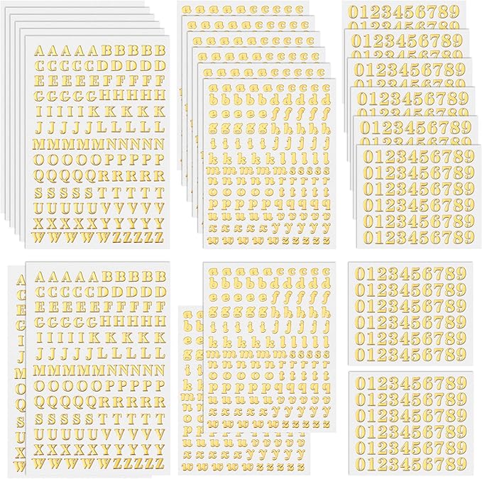 ANCIRS 24 Pack Resin Mini Letter Stickers for Nail Art, Glittering Epoxy Alphabet Number Stickers, Self Adhesive Scrapbook Stickers for Decoration Christmas DIY Craft- Gold