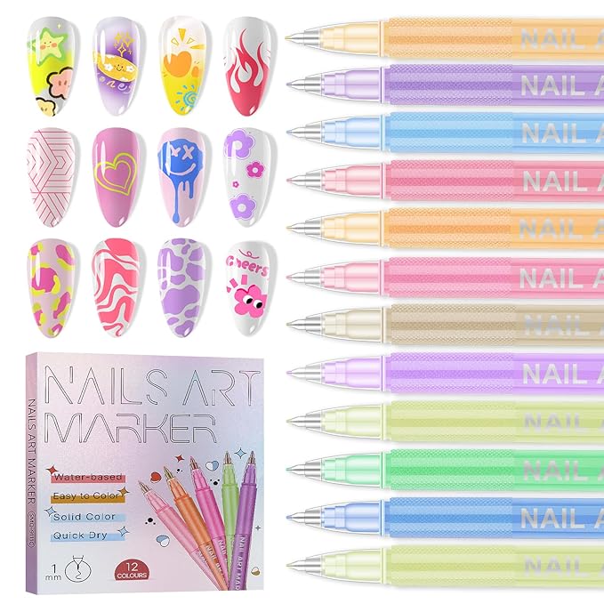 EBANKU 12 Colors Nail Art Pens Kit 1 MM Ultra-Fine Tip 3D Nail Polish Pens Quick-Dry Acrylic Paint Pens Nail Markers Dotting Tools for Holiday Nails Home & Salon Manicure
