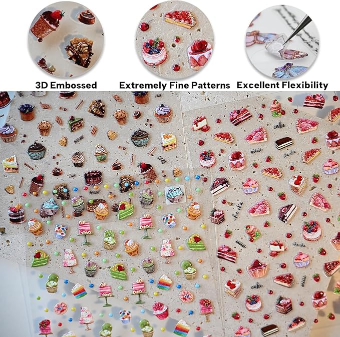 Cute Birthday Nail Stickers, 3D Cake Dessert Nail Decals, Self-Adhesive Nail Accessories & Supplies, Durable & Long-Lasting 3 Sheets
