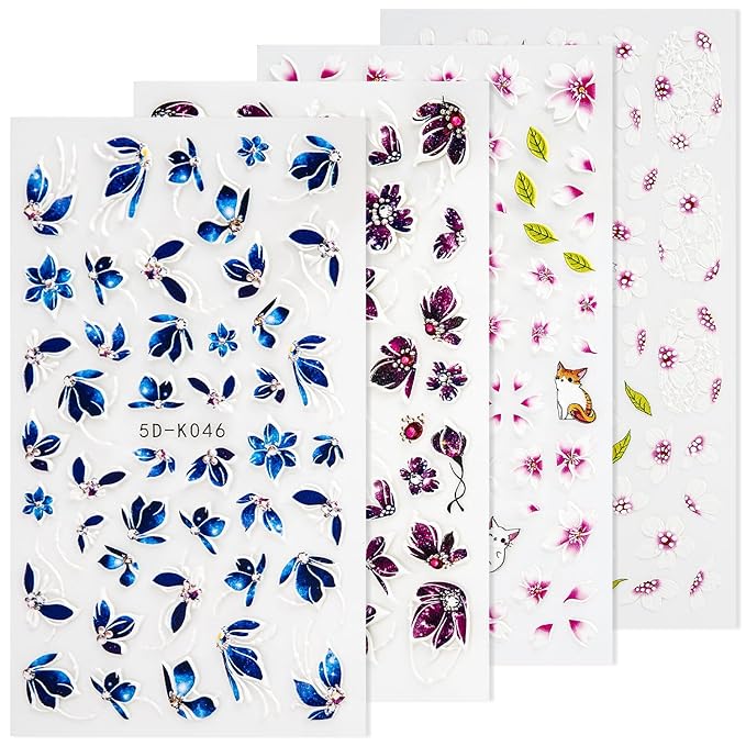 Nail Art Stickers, 5D Embossed Colorful Floral Nail Decals Nail Art Design Self Adhesive Nail Supplies for Women Manicure Decoration