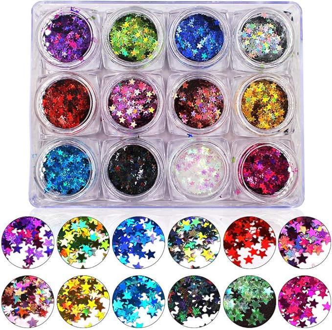 DIY 12pcs Color Set Nail Sequins Laser Star Shape Glitter Flakes Manicure Art Decoration Accessories Tools LB-Star