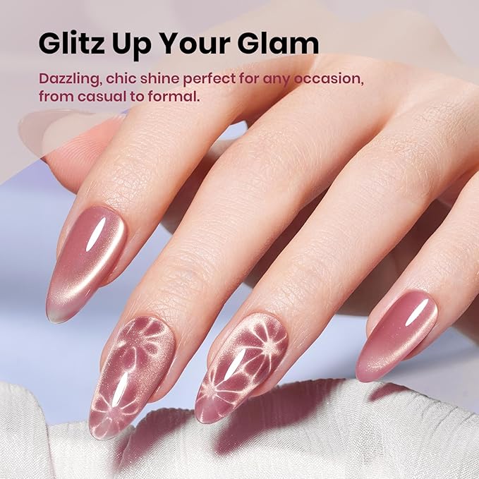 Beetles Sunlit Champagne Pink Cat Eye Gel Nail Polish - 15ML Valentine's Day Pink Cat Eye with Gold Powder Magnetic Glitter Gel Polish Glass Effect Soak Off UV DIY Nail Art Gift for Women
