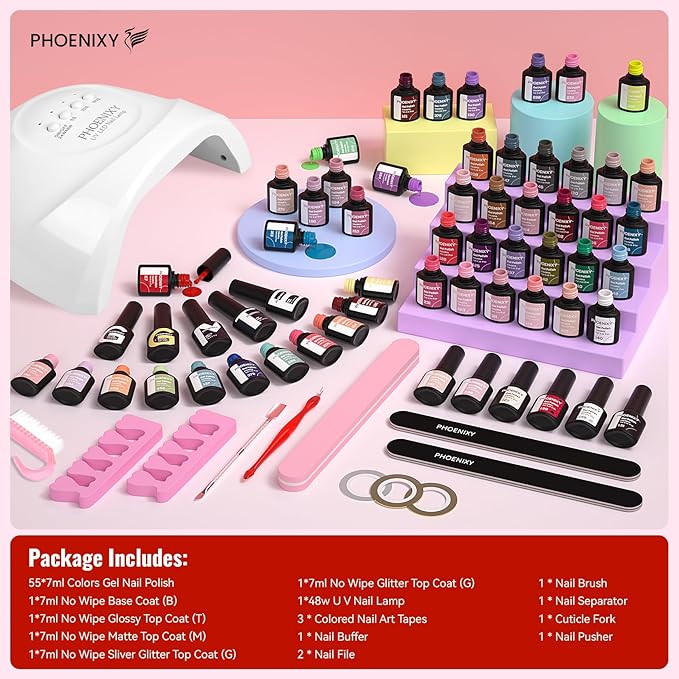 PHOENIXY 71 Pcs Gel Nail Polish Kit with U V Light, 55 Colors Gel Polish Set Red Black White with 5 Pcs Base and Glitter Matte Glossy Gold Top Coat Manicure Starter Nail Polish Set Gifts for Women
