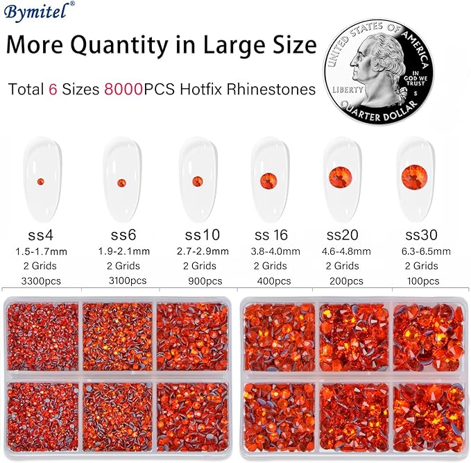 Bymitel Hotfix Crystal Rhinestones Round Gems for Crafts,Mixed 6 Sizes with Wax Pencil Kit, Hyacinth 1.6-6.3mm SS4-SS30/8000pcs