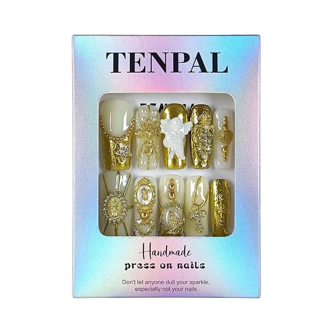Baroque Press on Nails Long Coffin 3D Embossed Pearl Cross Charm Luxury False Nails for Women Gold Glam Royal Cathedral Style Glue on Nails for Parties Holiday Events(L)