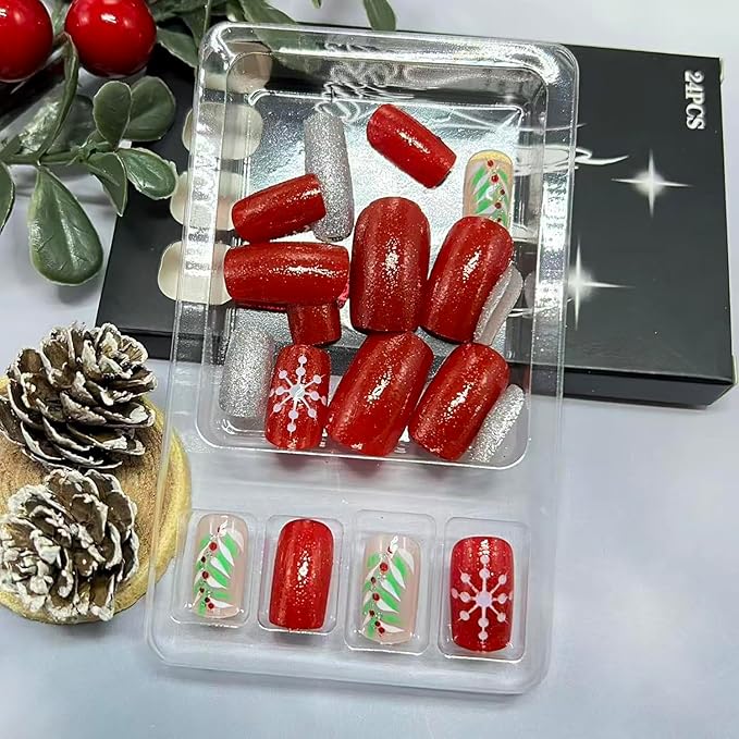 Christmas Press on Nails Medium Square Fake Nails with Snowflake Holly Designs Red Xmas False Nail Winter Silver Glitter Stick on Nail for Women 24 Pcs