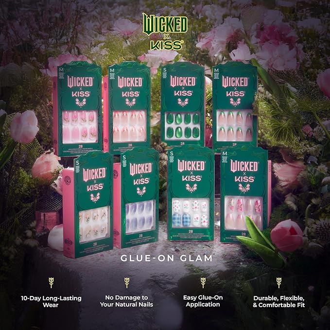 WICKED X KISS Press On Nails, ‘Bloom in Land’, Pink, Medium Oval, Waterproof, Chip Proof, Smudge Proof, 28 Fake Nails, Pink Gel Nail Glue (2g), Mini Nail File, & Manicure Stick