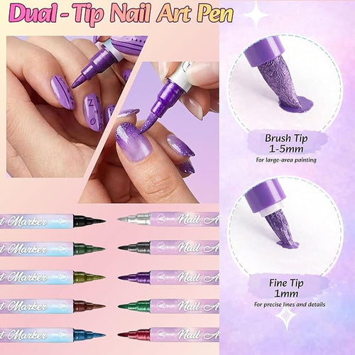 10 Colors 3D Nail Art Pens Set, 0.7mm Dual Tip, Waterproof and Quick-Drying Nail Polish Markers, Nail Graffiti Painting Dotting Drawing Kit for DIY Nail Art Design Manicure Tools