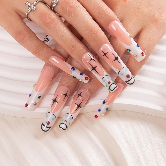 LOVFUL Press on Nails Clown| Handmade with Full Covered Crystals| Reusable Fake Nails| Square Mid length 1.7in| H139-M