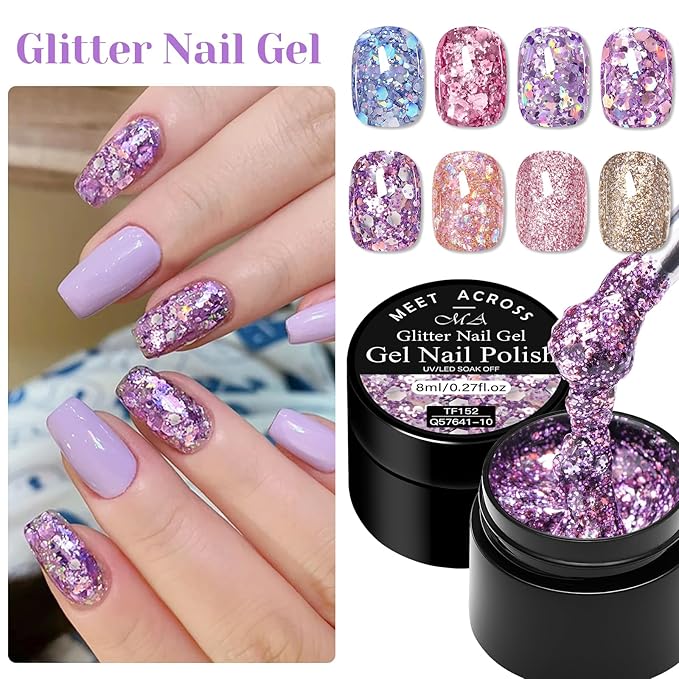 MEET ACROSS 9Pcs Glitter Gel Polish Sequins Gel Nail Polish Kit with 1Pc Nail Brush Shimmer Pink Blue Purple Brown Glitter Nail Polish Kit Holiday Gift Design for Party 8 Colors