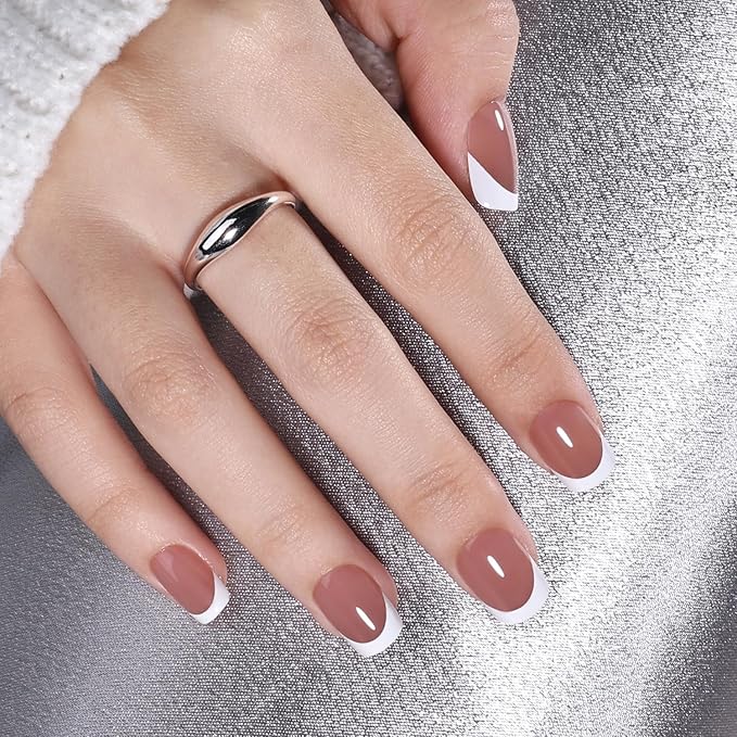 White French Tip Press On Nails - Brown Short Square Fake Nails, Square Press On Nails Reusable Stick On Nails in 15 Sizes, 30pcs False Nail Kit for Women & Girls (Cocoa French)
