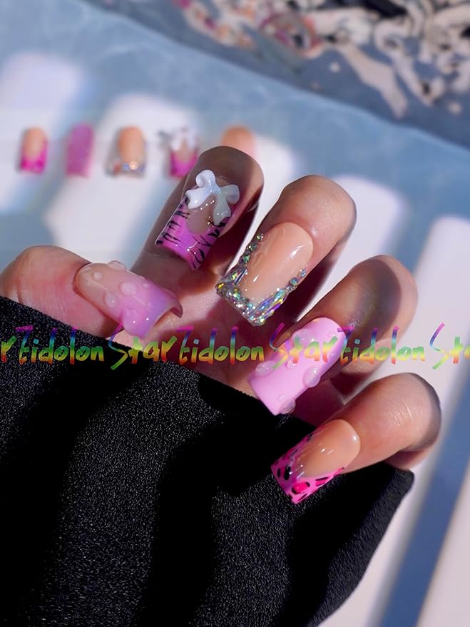 HAND-PAINTED White Press Ons Neon Small Press on Nails Long French Press on Nails Coffin Medium Short Nail art Fake Nail Art Kit with 7g Glue on Nails Handmade Almond Square Nails (Medium, T17)