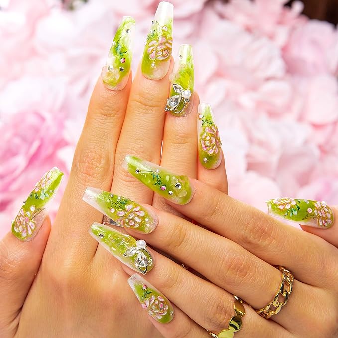 LOVFUL Press on Nails Seraphina's Garden | Handmade with Full Covered Crystals | Reusable Full Cover Nails | Coffin Classic Regular 1.3 in | H460-L