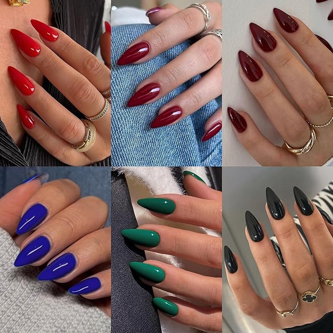 6 Packs Press On Nails Almond, KQueenest Acrylic Press On Nails Medium, Stiletto Fake Nails Press Ons, Dark Color Glue On Nails Medium for Women Daily Wear Gift 144 Pcs