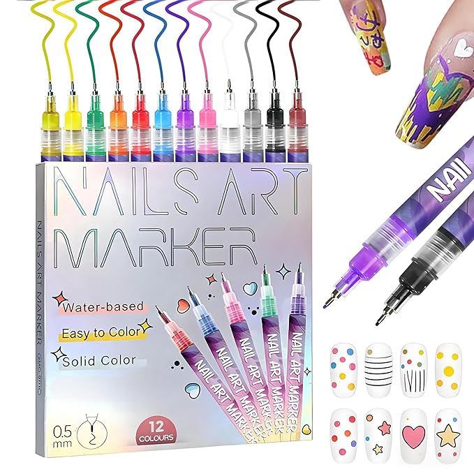 12 Colors Nails Art Pens Set,Nails Art Markers for Gel Nails,3D Nails Art Marker Drawing Painting Liner Pen,DIY Nails Art Pen Set,Portable Nails Art Tools (A-1 Set)